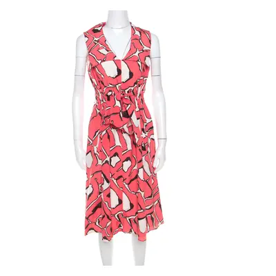 Escada Pink and White Abstract Print Silk Sleeveless Tie Up Dress