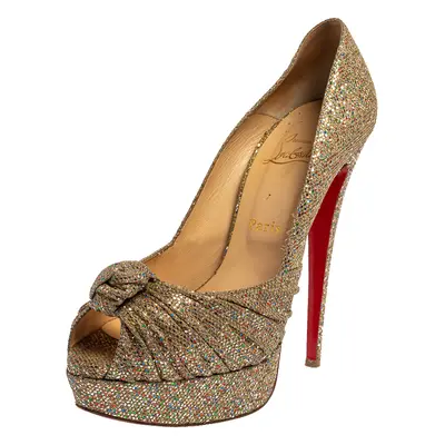 Christian Louboutin Metallic Gold Glitter Fabric Knotted Peep Toe Pumps Size