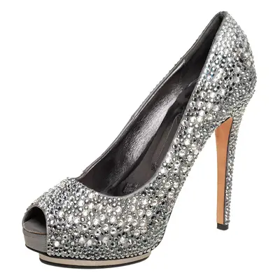 Le Silla Grey Satin Crystal Embellished Peep Toe Platform Pumps Size