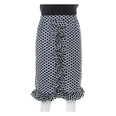 Marni Blue and White Polka Dot Printed Coated Silk Ruffle Detail Skirt