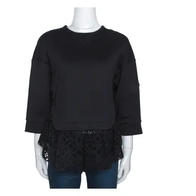 N21 Black Cotton Terry Eyelet Lace Trim Top