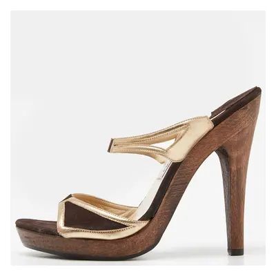 Jimmy Choo Brown/Metallic Gold Suede and Leather Strappy Platform Sandals Size