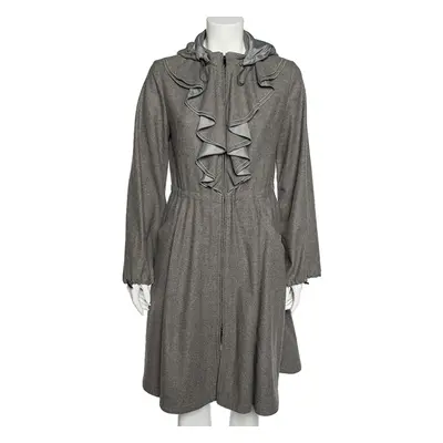 Emporio Armani Grey Wool And Cashmere Ruffled Neck Hooded Coat