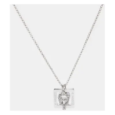 Aigner Silver Tone Square Crystal Logo Pendant Necklace