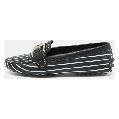 Tod's Black/White Striped Leather Embellished Slip On Loafers Size