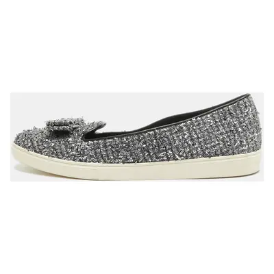 Salvatore Ferragamo Silver Tweed Bow Slip On Sneakers Size 41.5