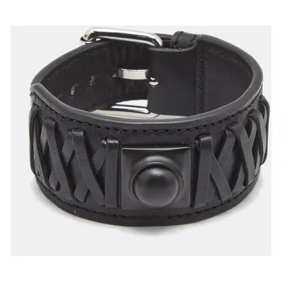 Etro Black Crown Me Leather Plastic Silver Tone Wrap Bracelet