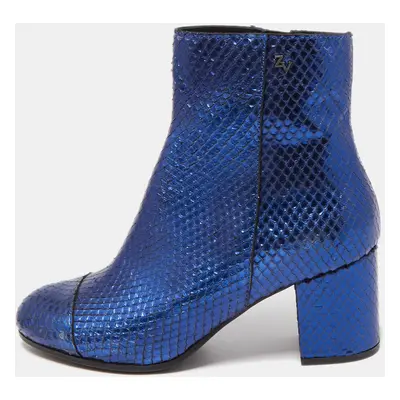 Zadig & Voltaire Blue Python Embossed Leather Block Heel Ankle Booties Size