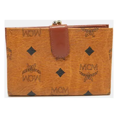 MCM Cognac Visetos Coated Canvas Kisslock Frame French Wallet