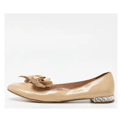 Miu Miu Beige Patent Leather Bow Detail Crystal Embellished Heel Ballet Flats Size