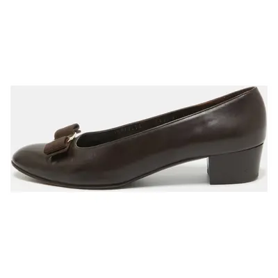 Salvatore Ferragamo Brown Leather Vara Bow Block Heel Pumps Size 38.5