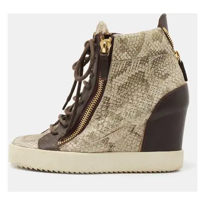 Giuseppe Zanotti Beige/Brown Embossed Python and Leather High Top Wedge Sneakers Size