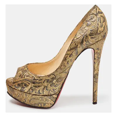 Christian Louboutin Gold Brocade Fabric Lady Peep Pumps Size 38.5