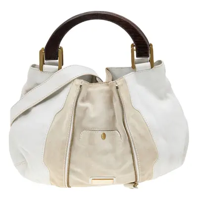 Jimmy Choo White/Light Beige Leather and Suede Maia Hobo