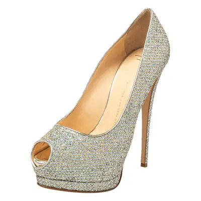 Giuseppe Zanotti Silver Glitter And Leather Sharon Peep Toe Platform Pumps Size