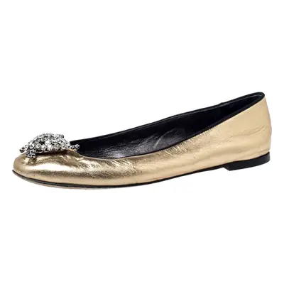 Giuseppe Zanotti Metallic Gold Leather Crystal Embellished Ballet Flats Size