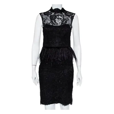 Alice + Olivia Black Embellished Lace & Feather Trim Patricia Peplum Dress