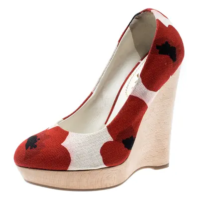 Saint Laurent Paris Red And White Printed Canvas Wedge Platform Pumps Size 35.5