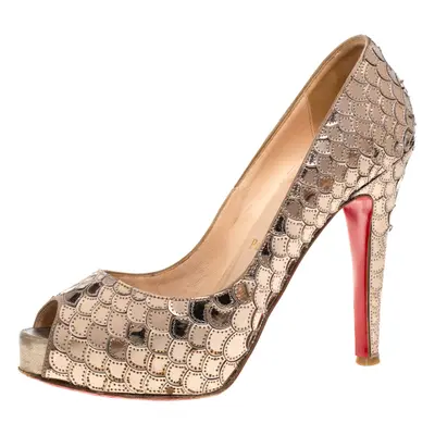 Christian Louboutin Metallic Beige Scaled PVC Poseidon Peep Toe Pumps Size 35.5