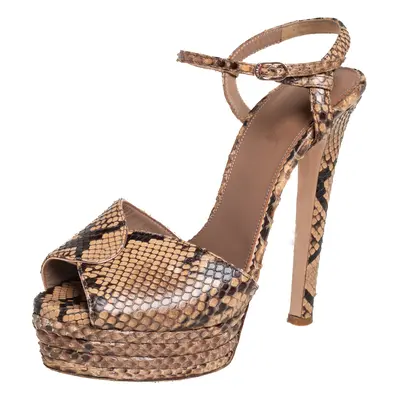 Le Silla Brown/Beige Python Ankle Strap Platform Sandals Size 40.5