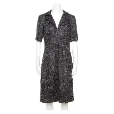 Oscar de la Renta Grey Textured Lurex Plunge Neck Detail Short Sleeve Dress