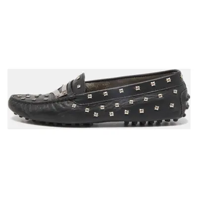 Tod's Black Leather Crystal Embellished Penny Loafers Size