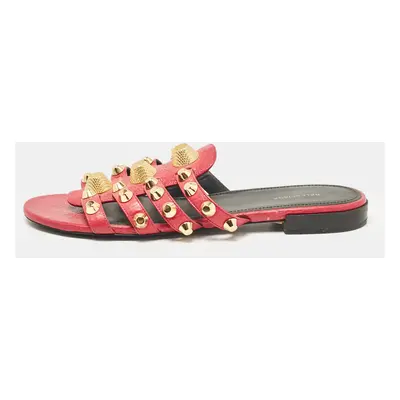 Balenciaga Pink Leather Studded Arena Flat Slides Size