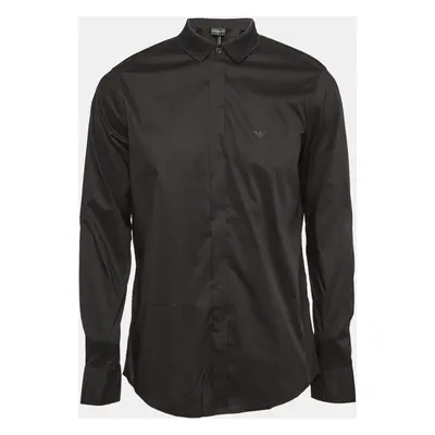 Emporio Armani Black Cotton Blend Slim Fit Rib Collar Shirt