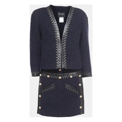 Chanel Navy Blue Boucle Wool Leather Trimmed Salzburg Skirt Suit L/M