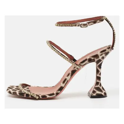 Amina Muaddi Brown/Beige Animal Print Calf Hair Crystal Embellished Gilda Sandals Size