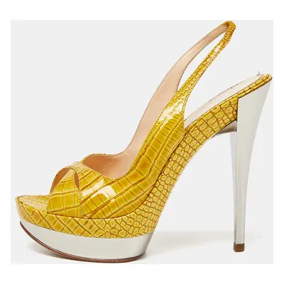 Casadei Yellow Croc Embossed Leather Cross Strap Platform Sandals Size