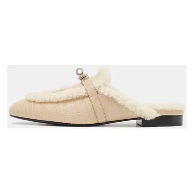 Hermes Beige Alligator Mississippiensis and Shearling Oz Flat Mules Size