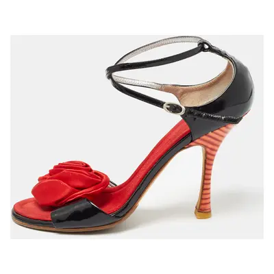 Giuseppe Zanotti Black/Red Patent Leather and Satin Rose Applique Sandals Size 37.5