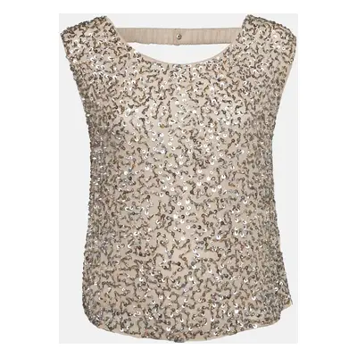 Alice + Olivia Beige Sequin and Beads Embellished Chiffon Sleeveless Top