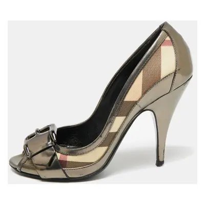 Burberry Metallic Grey Leather And House Check Canvas Buckle Peep Toe Pumps Size