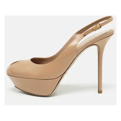 Sergio Rossi Beige Leather Peep Toe Slingback Pumps Size 38.5