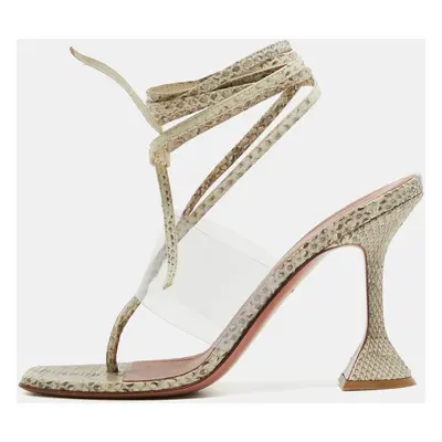 Amina Muaddi Brown/Beige Embossed Snakeskin and PVC Zula Sandals Size