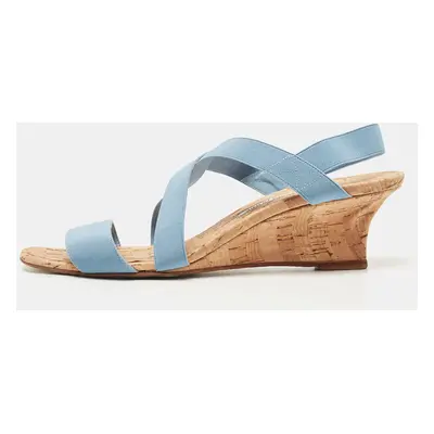 Manolo Blahnik Blue Stretch Fabric Terwe Cork Wedge Ankle Strap Sandals Size