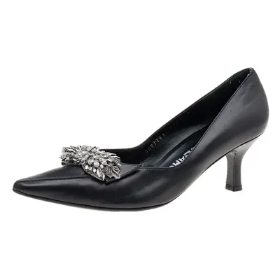 Salvatore Ferragamo Black Leather Crystal Embellished Pumps Size 38.5