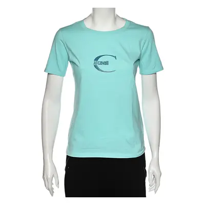 Just Cavalli Blue Logo Printed Cotton Short Sleeve T-Shirt