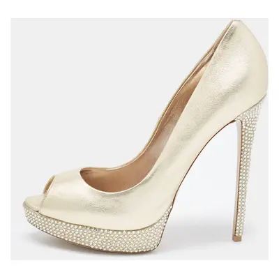 Le Silla Golden Leather Crystal Embellished Platform Peep Toe Pumps Size