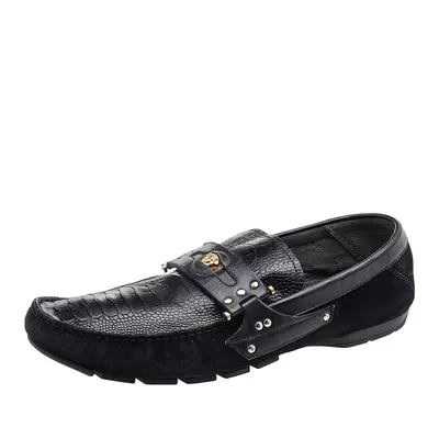 Versace Black Suede And Crocodile Leather Medusa Slip On Loafers Size