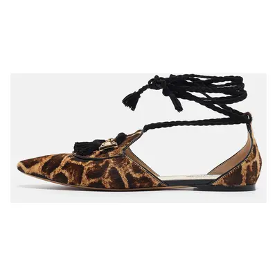 Tod's Brown/Beige Animal Print Calf Hair Ankle Tie Flats Size 38.5