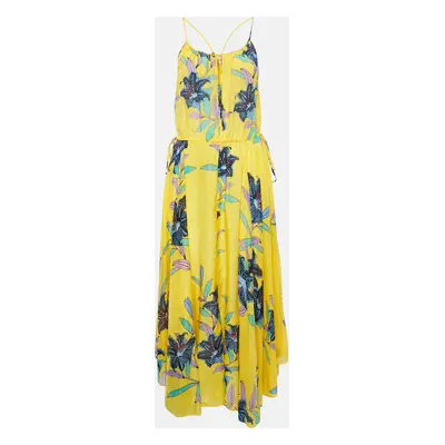 Diane Von Furstenberg Yellow Floral Print Cotton Blend Tie-Up Detail Maxi Dress