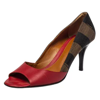 Fendi Red Leather And Brown Pequin Canvas Peep Toe Pumps Size 39.5