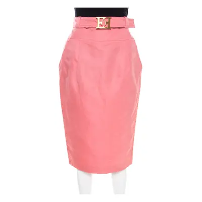 Escada Pink Slub Linen and Silk Logo Belt Detail High Waist Skirt