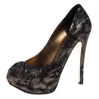 Gina Black/Silver Brocade Fabric Pleated High Heel Platform Pumps Size 36.5