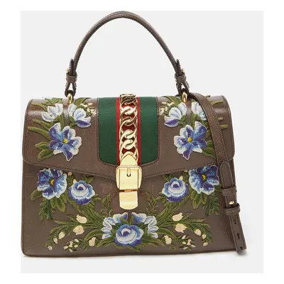 Gucci Brown Floral Embroidered Leather Medium Sylvie Top Handle Bag