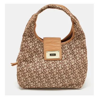 DKNY Beige Signature Fabric and Leather Town and Country Hobo