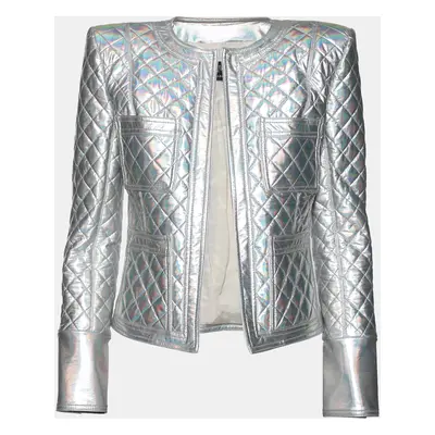 Balmain Silver Holographic Quilted Open Front Jacket